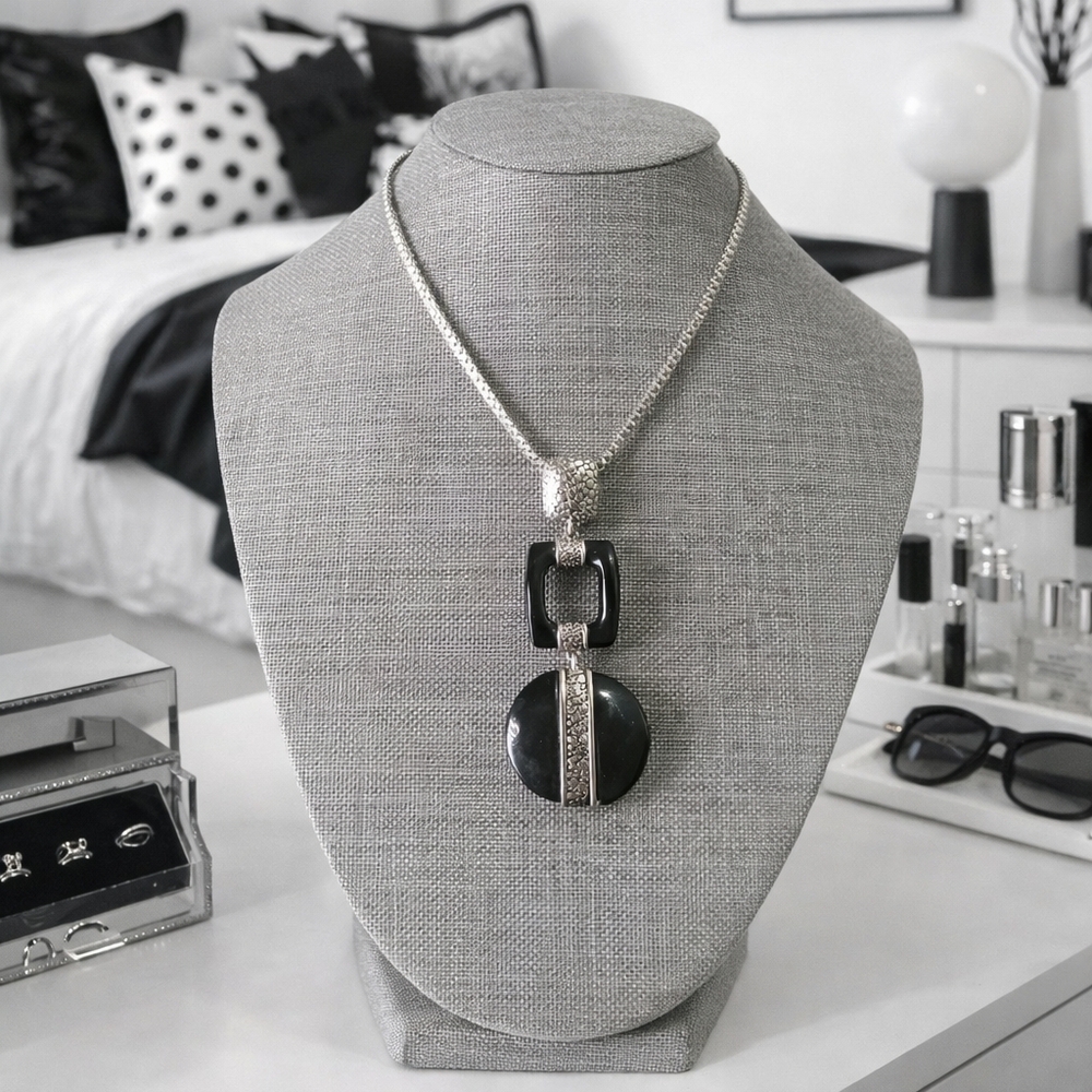 Black & Silver Pendant Acrylic Modern Necklace (3" tall) - Pre-loved (16"-19")